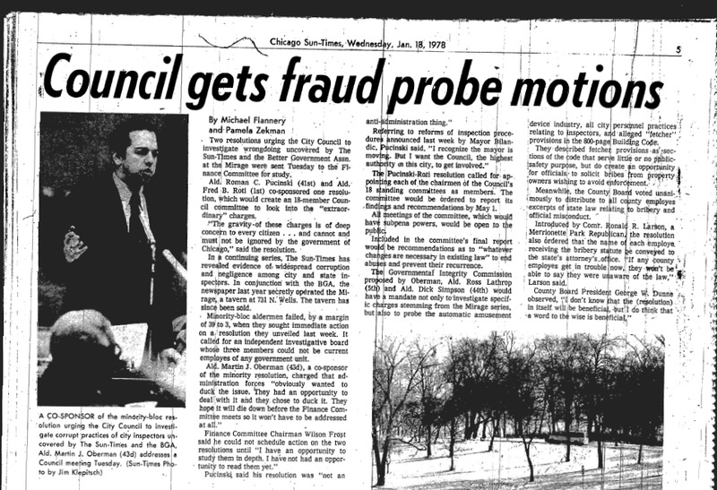 Chicago Sun-Times article titled "Council Gets Fraud probe Motions." Written by Pamela Zekman and Michael Flannery in 1978 as part of the Mirage Reaction.