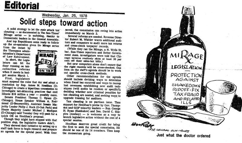 Article titled "Solid steps toward action," with a graphic that was part of the Mirage Editorial. Published in the Chicago Sun-Times in 1978.