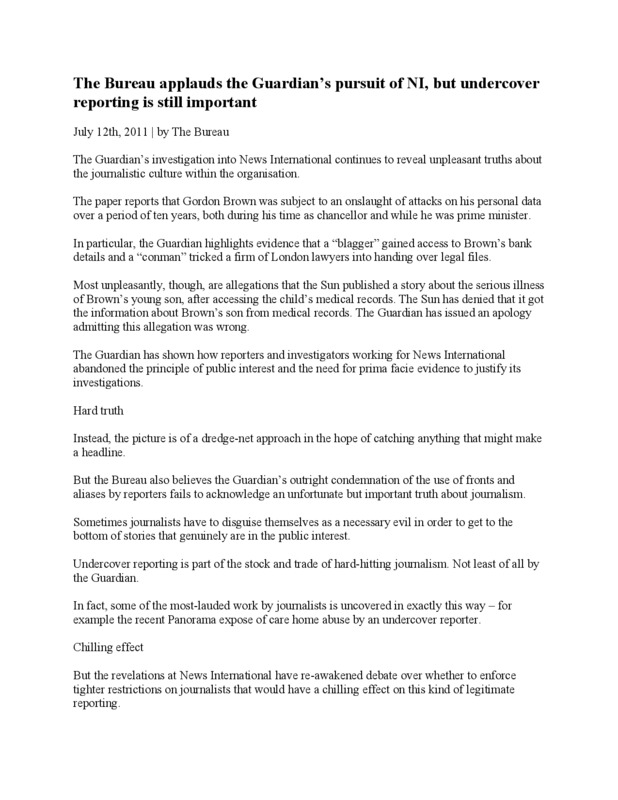Document titled the Bureau applauds the Guardian's pursuit of NI, but undercover reporting is still important