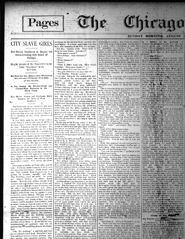 Chicago Daily Times article Nell Nelson wrote as part of her series, "City Slave Girls."