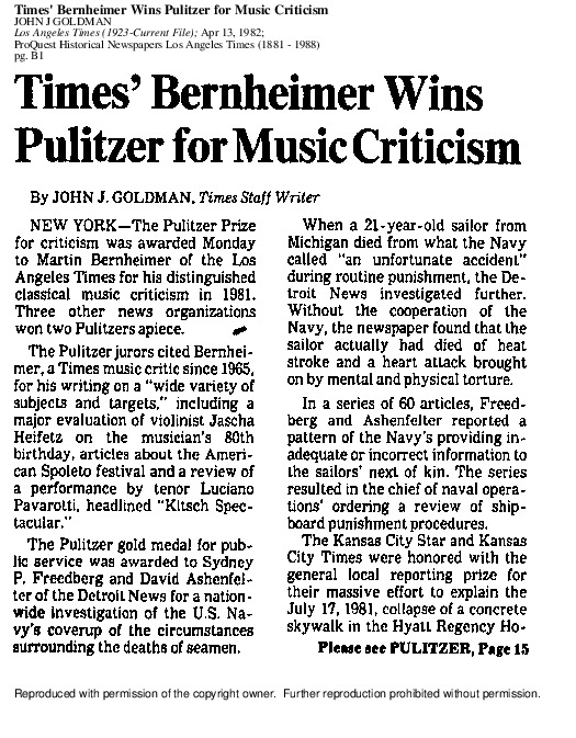 Article on 1982 Pulitzer Prize winners contains (in last add) reporting on the Pulitzer jury and board deliberations concerning the undercover aspects of Merle Linda Wolin "Sweatshop" series for the Los Angeles Herald-Examiner.
