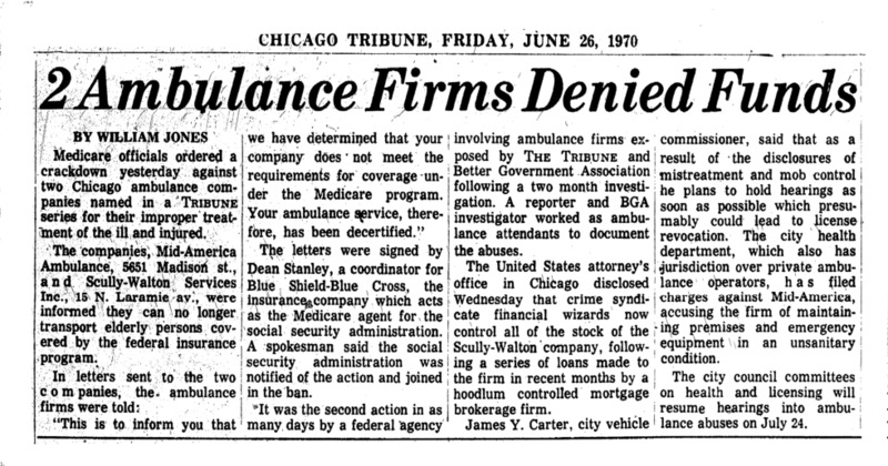 Chicago Tribune article titled, "Ambulance Firm Denied Funds." Written by William Jones as part of the reaction to the Private Ambulance Investigation.
