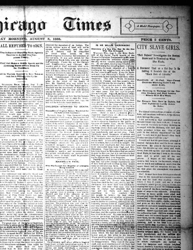 Chicago Daily Times article Nell Nelson wrote as part of her series, "City Slave Girls."