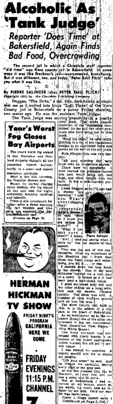 San Francisco Chronicle article titled, "Alcoholic as 'Tank Judge.'" Written by Pierre Salinger.