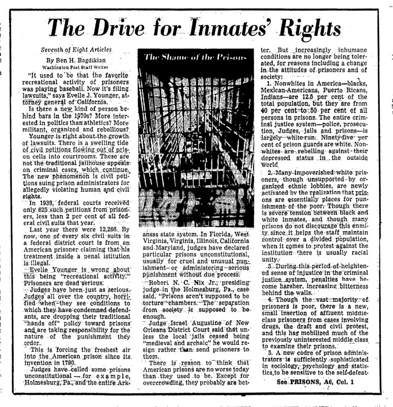 Washington Post article titled, "The Drive for Inmates' Rights." Written by Ben Bagdikian as part of the Shame of the Prisons series.