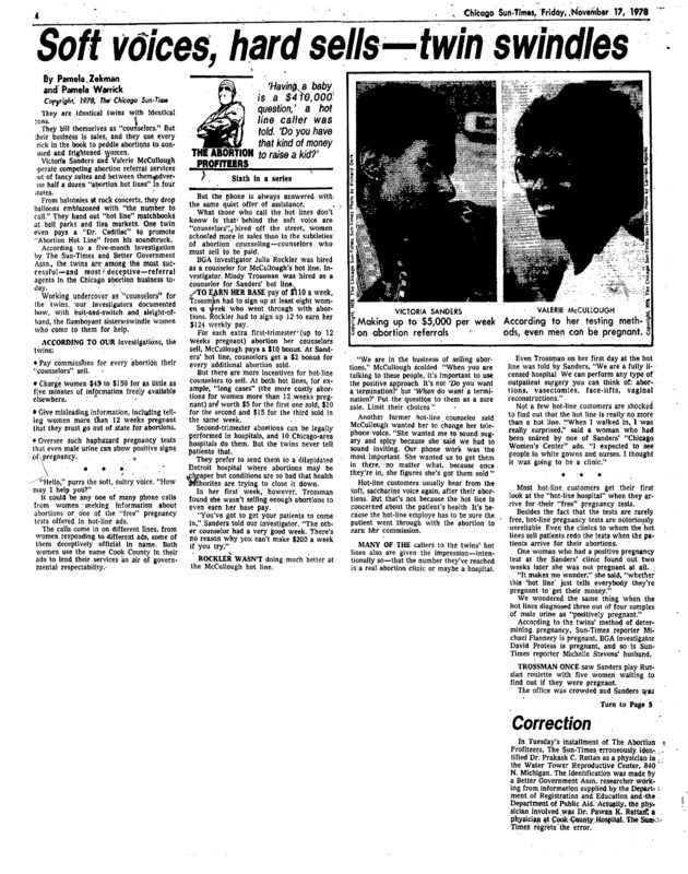 Chicago Sun-Times article titled, "Soft Voices, Hard Sells - Twin Swindles." Written by Pamela Zekman and Pamela Warrick as part of the "Abortion Profiteers" series.