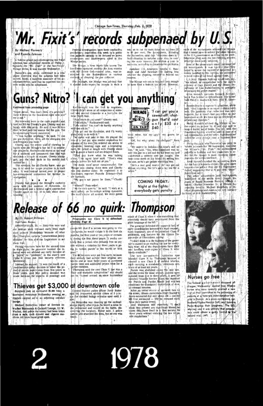 Chicago Sun-Times article titled, "'Mr. Fix-it's' Records Subpenaed by U.S." Written in 1978 by Pamela Zekman and Michael Flannery. 