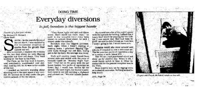 Boston Globe article titled, "Everyday Diversions." Written by Richard Stewart as part of his "Doing Time" series.