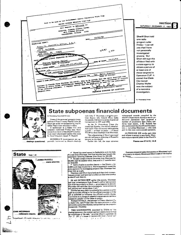 Pasco County Sheriff, John M. Short's suspicious acts are being investigated once again.