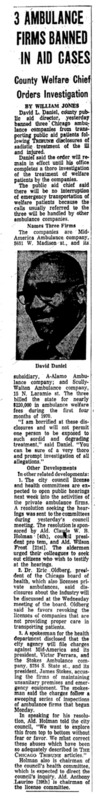 Chicago Tribune article titled, "3 Ambulance Firms Banned in Aid Cases." Written by William Jones as part of the reaction to the Private Ambulance Investigation.