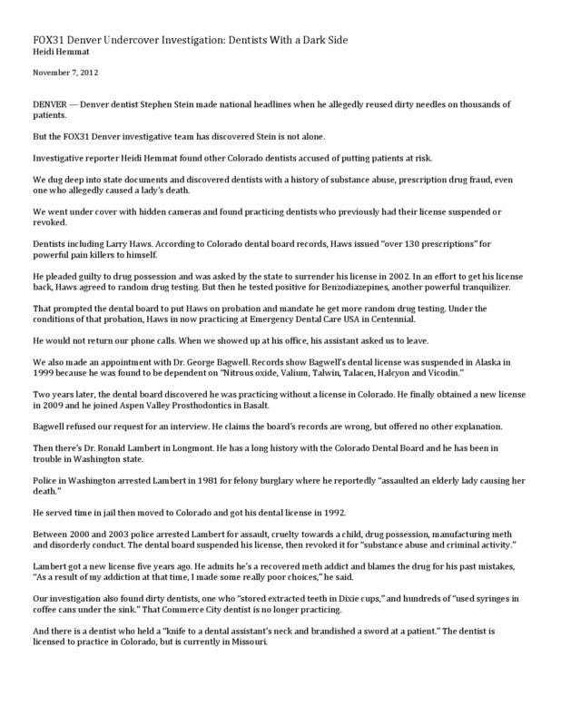 Document on a dentist from Denver that allegedly reused dirty needles on thousands of patients