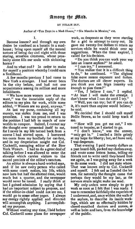 Bly gives the back story of her madhouse expose.