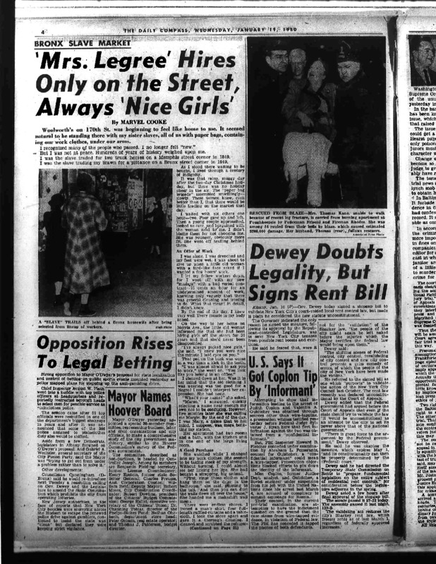 New York Compass article titled, "'Mrs. LeGree' Hires Only on the Street, Always 'Nice Girls.'" Written by Marvel Cooke.