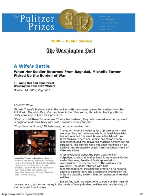 Anne Hull and Dana Priest's Washington Post article titled, "A Wife's Battle."