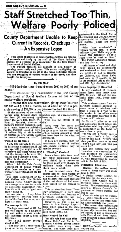 Buffalo Evening News article titled, "Staff Stretched Too Thin, Welfare Poorly Policed." Written by Ed May as part of the "Our Costly Dilemma" series.