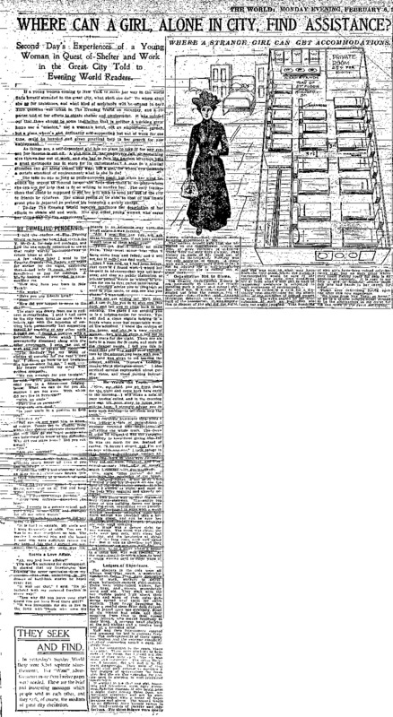 Part 2 of Emmeline Pendennis's article series "Where Can a Girl Alone in New York City Find Assistance?" With a drawing of a woman in the city. 