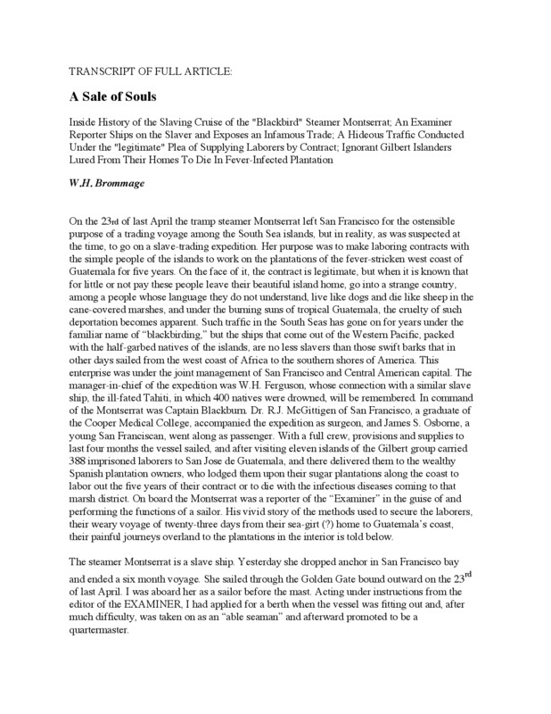 Part 1 of W.H. Brommage's expose titled, "The Blackbird Cruise." Published in the San Francisco Chronicle.