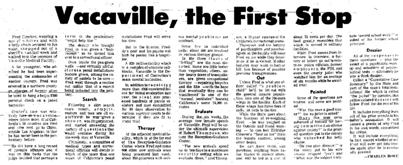 San Francisco Chronicle article titled, "Behind Prison Bars: Vacaville, The First Stop." Written by Charles Howe as part of a series.