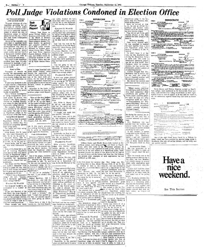 Chicago Tribune article titled,"Poll Judge Violations Condoned in Election Office." Written by William Mullen as part of the follow-up to the Task Force Vote Fraud Investigation.