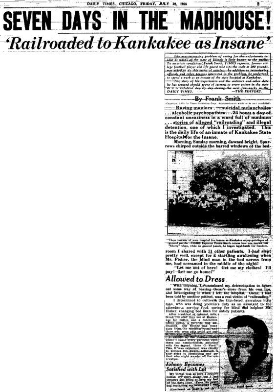 Chicago Daily Times article titled, "Railroad to Kankakee as Insane." Written by Frank Smith as part of his series, "Seven Days in the Madhouse!" 