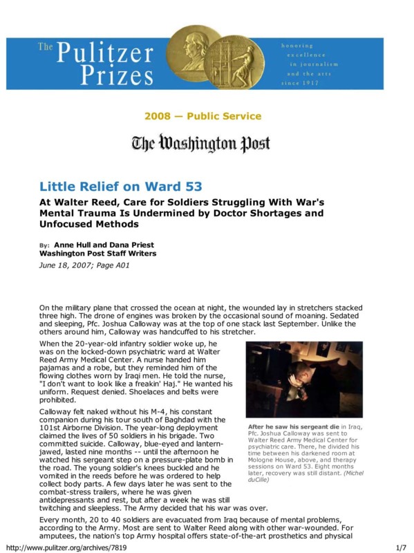 Washington Post article titled, "Little Relief on Ward 53." Written by Anne Hull and Dana Priest.