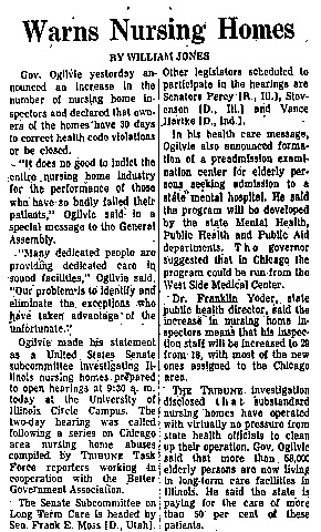 Chicago Tribune article titled,  "Warns Nursing Homes." Written by William Jones.