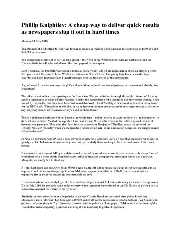 Document titled, Phillip Knightley: A cheap way to deliver quick results as newspapers slug it out in hard times