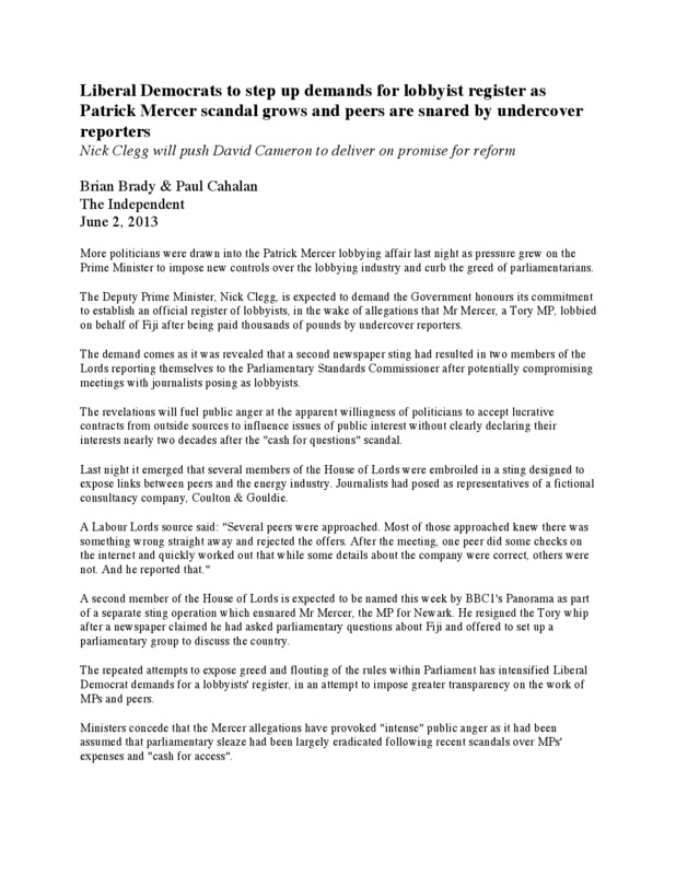 Document titled, Liberal Democrats to step up demands for lobbyist register as Patrick Mercer scandal grows and peers are snared by undercover reporters
