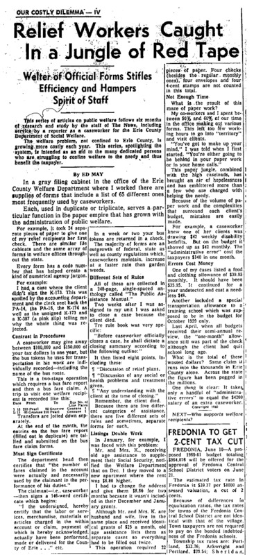 Buffalo Evening News article titled, "Relief Workers Caught in a Jungle of Red Tape." Written by Ed May as part of the "Our Costly Dilemma" series.
