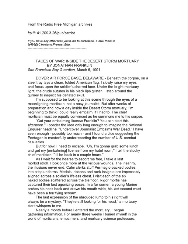 Franklin poses as a mortician to gain entry to the mortuary for the dead soldiers of Operation Desert Storm, 1991.