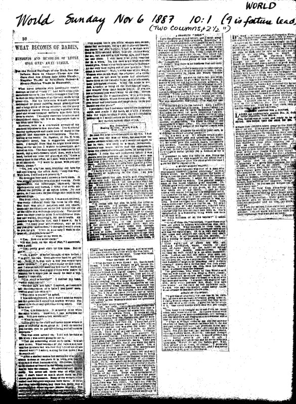 Nellie Bly's article "What Becomes of Babies?" written for The New York World in 1887. 