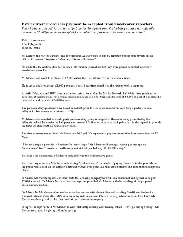 Document - Patrick Mercer Declares payment he accepted from undercover reporters