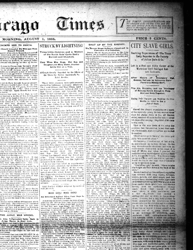 Chicago Daily Times article Nell Nelson wrote as part of her series, "City Slave Girls."