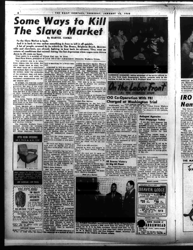 New York Compass article titled, "Some Ways to Kill The Slave Market." Written by Marvel Cooke in 1950.