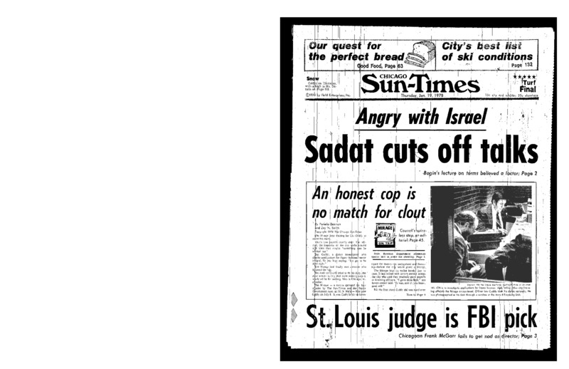 Chicago Sun-Times article titled, "An Honest Cop Is No Match for Clout." Written by Pamela Zekman and Zay N. Smith as part of the Mirage Tavern sting series.