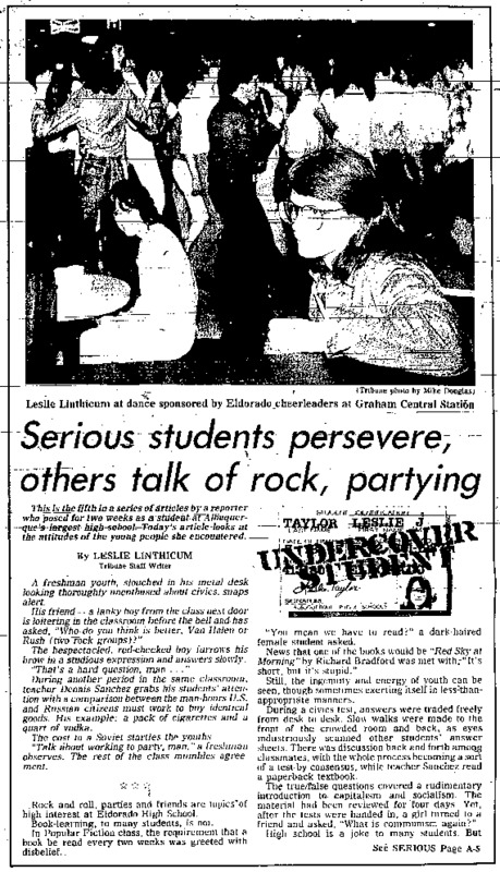 Albuquerque Tribune article titled, "Serious Students Persevere, Others Talk of Rock, Partying." Written by Leslie Linthicum.