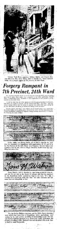 Chicago Tribune article titled, "Forgery Rampant in 7th Precinct, 24th Ward." Written by  William Mullen and Pamela Zekman about the Task Force Vote Fraud Investigation.