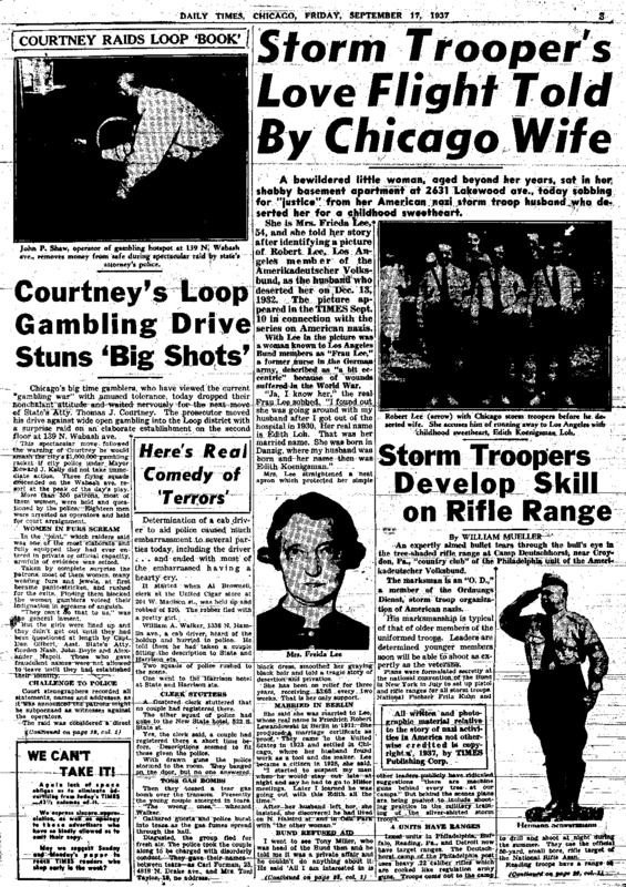 Chicago Daily Times article titled, "Storm Trooper's Love Flight Told By Chicago Wife." Written by William Mueller, James J. Metcalfe and John C. Metcalfe as part of a series.
