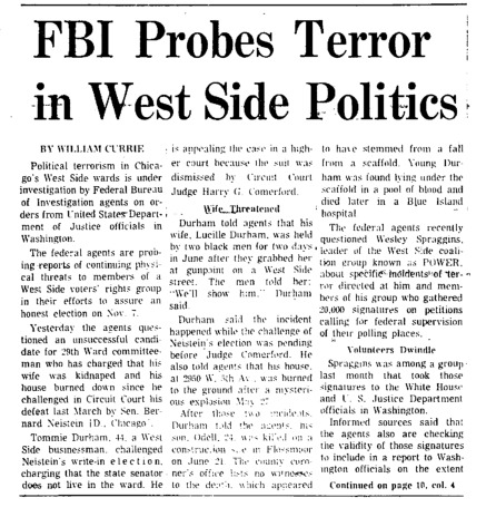 Chicago Tribune article titled, "FBI Probes Terror in West Side Politics." Written by William Currie as part of the reaction to the Task Force Vote Fraud Investigation.
