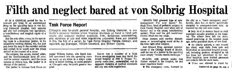 Chicago Tribune article titled, "Filth and neglect bared at von Solbrig Hospital." Written by an Unsigned author for the Von Solbrig Task Force Report.