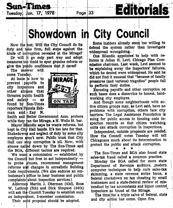 Chicago Sun-Times article titled "Showdown in City Council." Written in 1978 as part of Pamela Zekman and Zay N. Smith's Mirage Editorial.