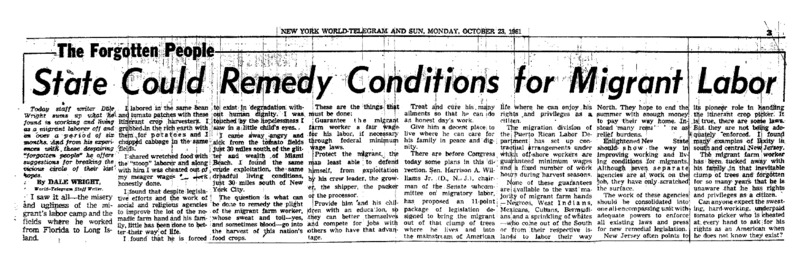 New York World Telegram and Sun article titled, "State Could Remedy Conditions for Migrant Labor." Written by Dale Wright as part of the Forgotten People series.