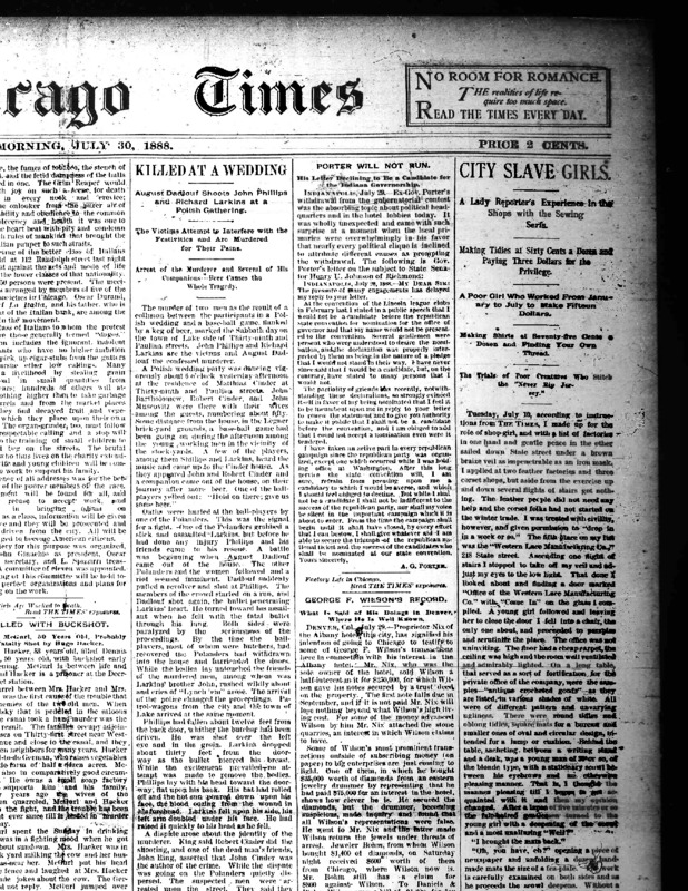 The first Chicago Daily Times article Nell Nelson wrote as part of her series, "City Slave Girls."