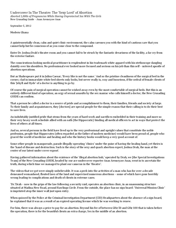 Document about a man in Ghana who aborted 1,000s of pregnancies while having unprotected sex with the girls