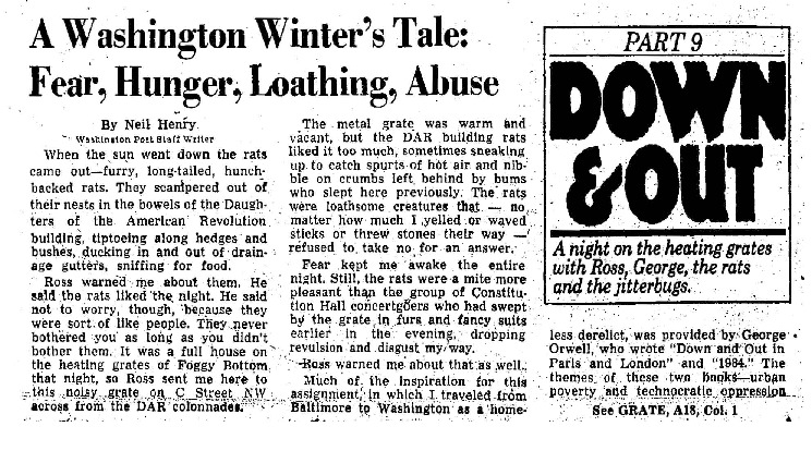 Washington Post article titled, "A Washington Winter's Tale: Fear Hunger, Loathing, Abuse."Written by Neil Henry in 1980.