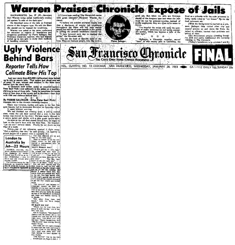 San Francisco Chronicle article titled, "Ugly Violence Behind Bars." Written by Pierre Salinger.