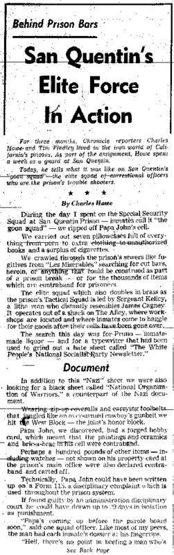 San Francisco Chronicle article titled, "San Quentin's Elite Force in Action." Written by Charles Howe as part of the "Behind Prison Bars" series.