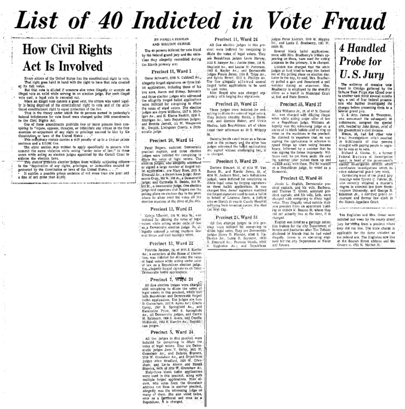 Chicago Tribune article titled, "List of 40 Indicted in Vote Fraud." Written by Pamela Zekman and William Currie as part of the follow-up to the Task Force Vote Fraud Investigation.