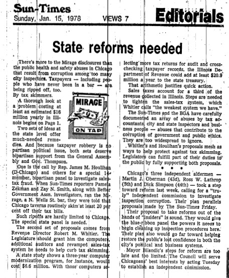 Chicago Sun-Times article titled "State Reforms Needed." Written in 1978 as part of Pamela Zekman and Zay N. Smith's Mirage Editorial. 