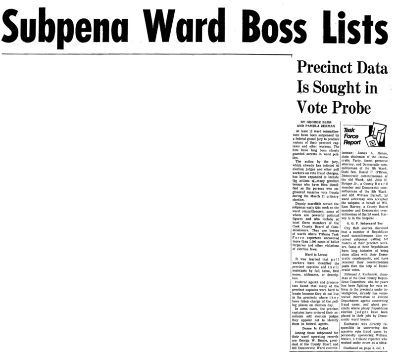 Chicago Tribune article titled, "Subpena Ward Boss Lists." Written by George Bliss and Pamela Zekman as part of the reaction to the Task Force Vote Fraud Investigation. 